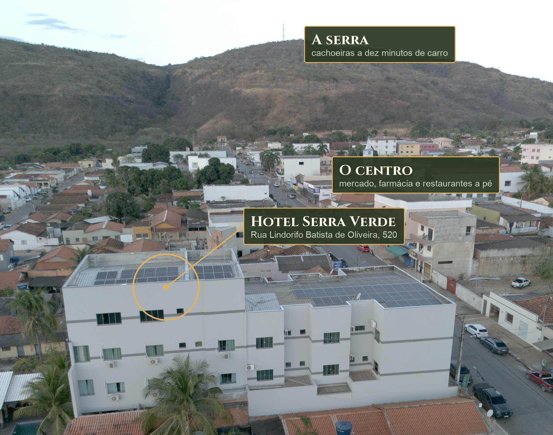 Foto aérea com o Hotel Serra Verde marcado, a serra ao fundo e o centro da cidade